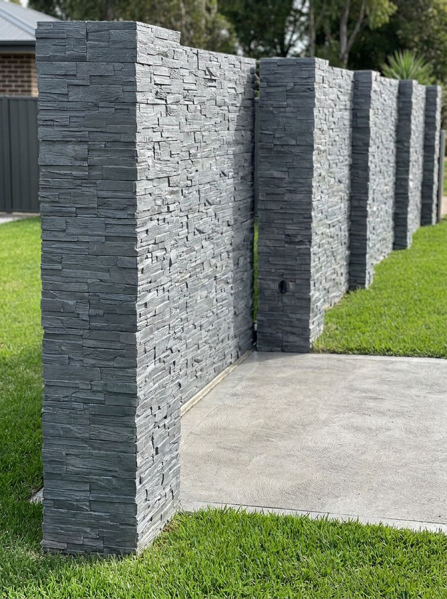 Gard de beton placat cu piatră decorativă, cu stâlpi gri închis și panouri gri deschis
