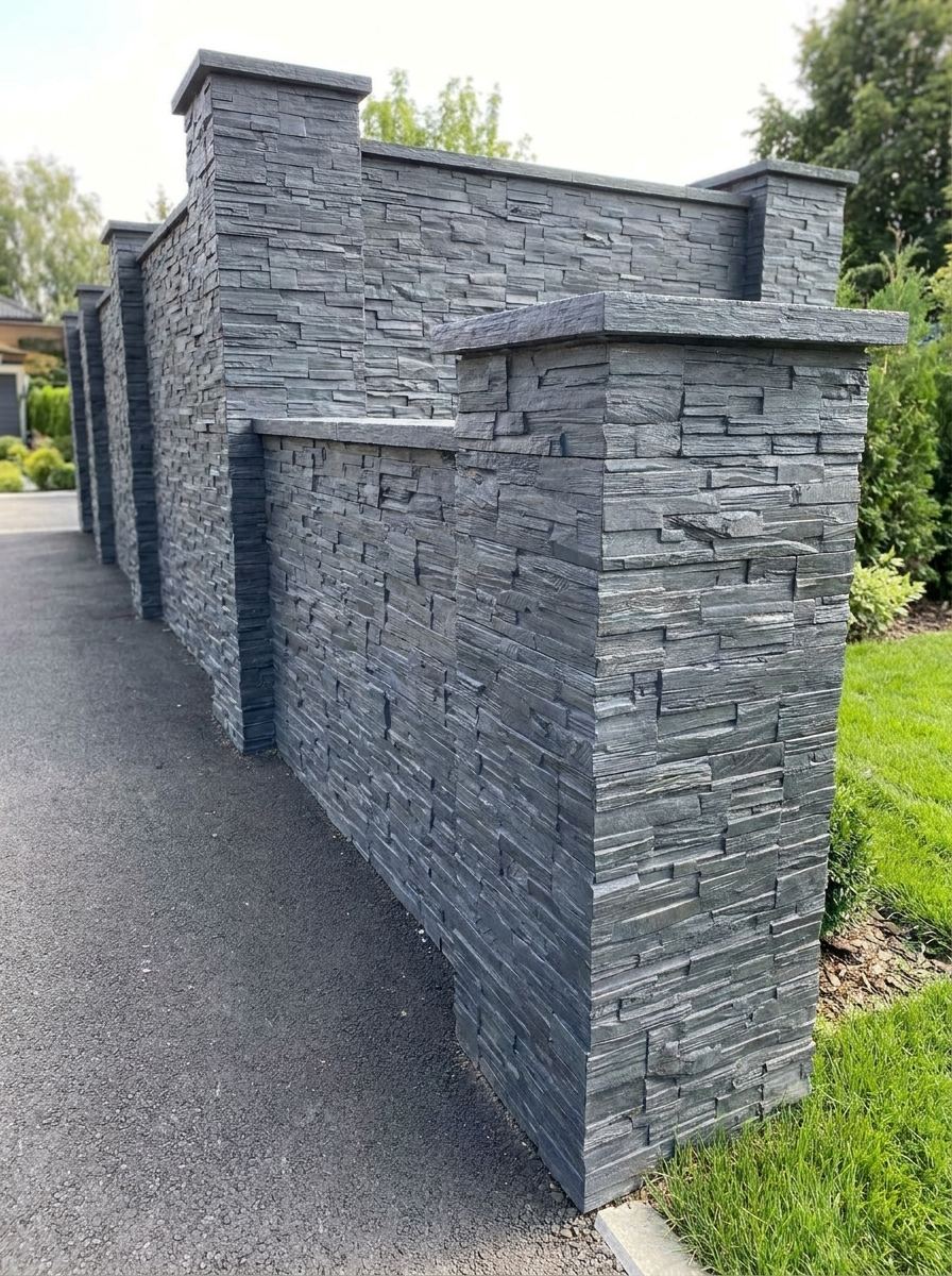 Gard din beton placat cu piatră decorativă Dark Grey, văzut din lateral, lângă o alee asfaltată