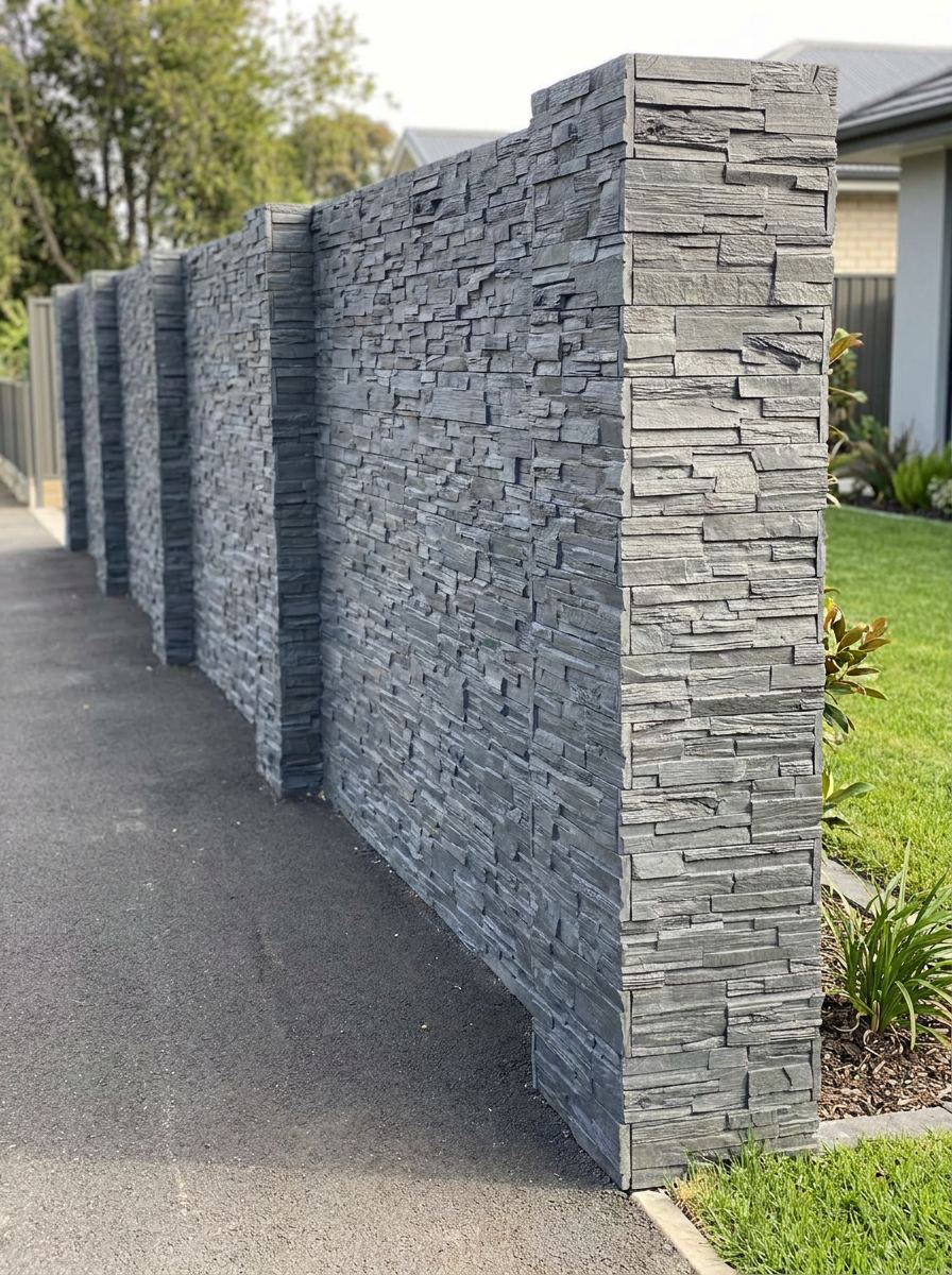Gard placat cu piatră decorativă Dark Grey — aceeași nuanță pe toată lungimea