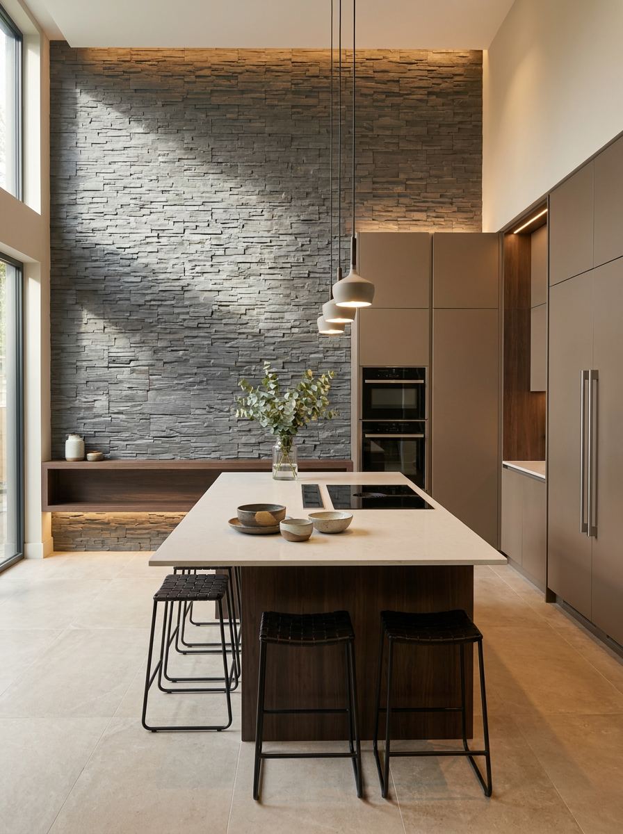 Perete înalt de accent placat cu piatră decorativă gri, într-o bucătărie deschisă spre living