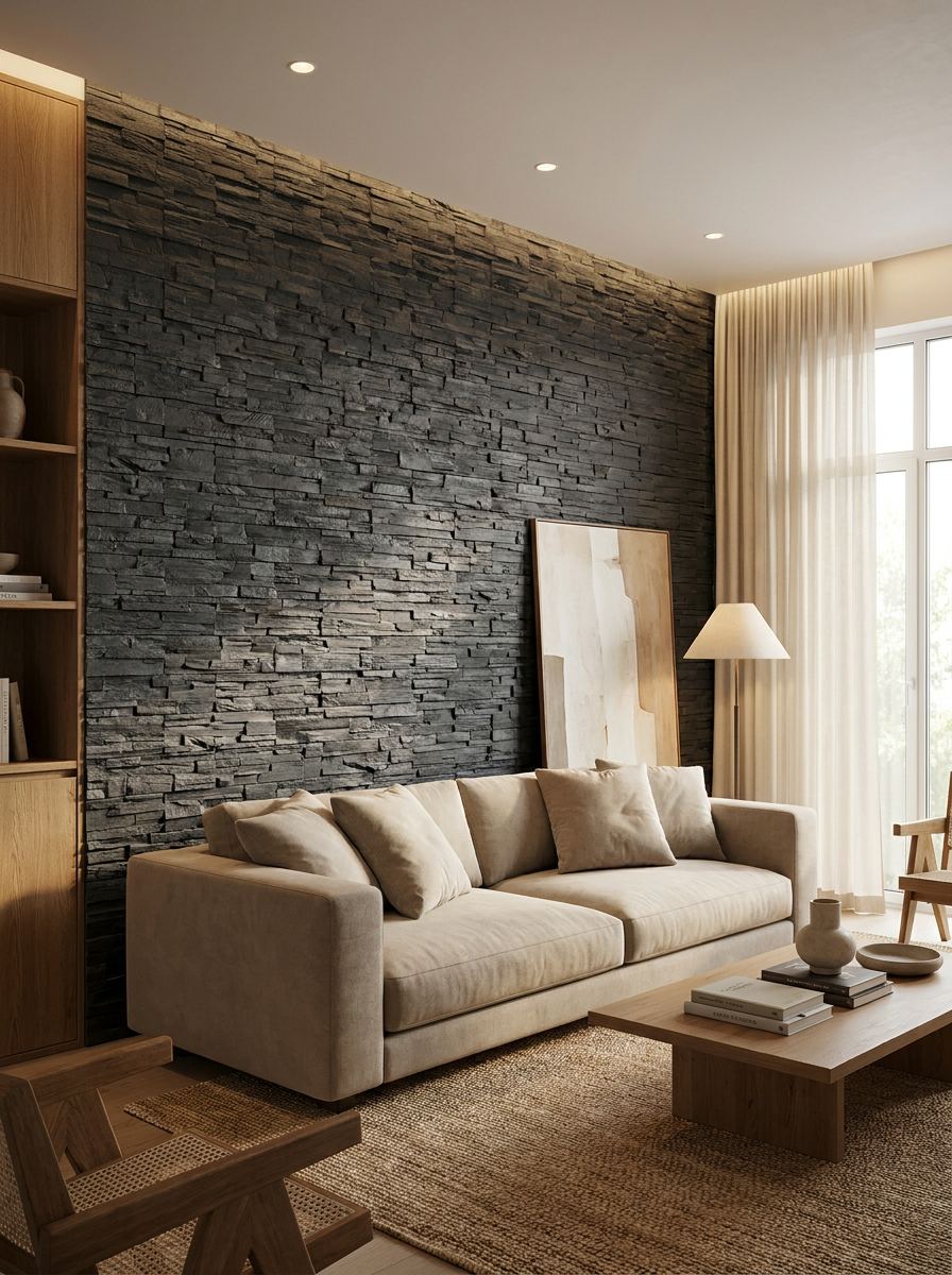 Perete de accent în living, placat cu piatră decorativă Dark Grey, cu canapea în prim-plan