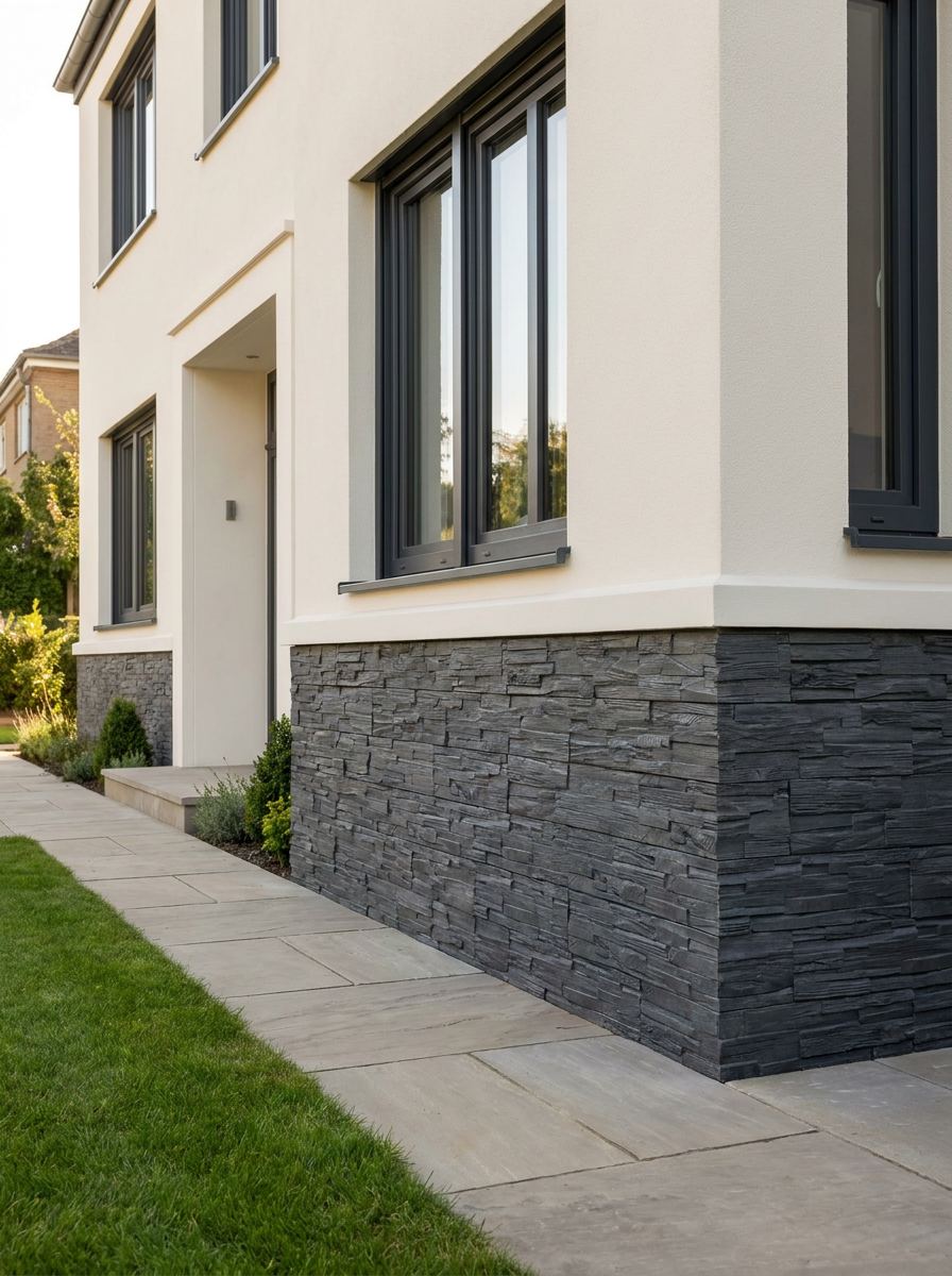 Soclu de fațadă placat cu piatră decorativă Dark Grey, la colțul unei case moderne